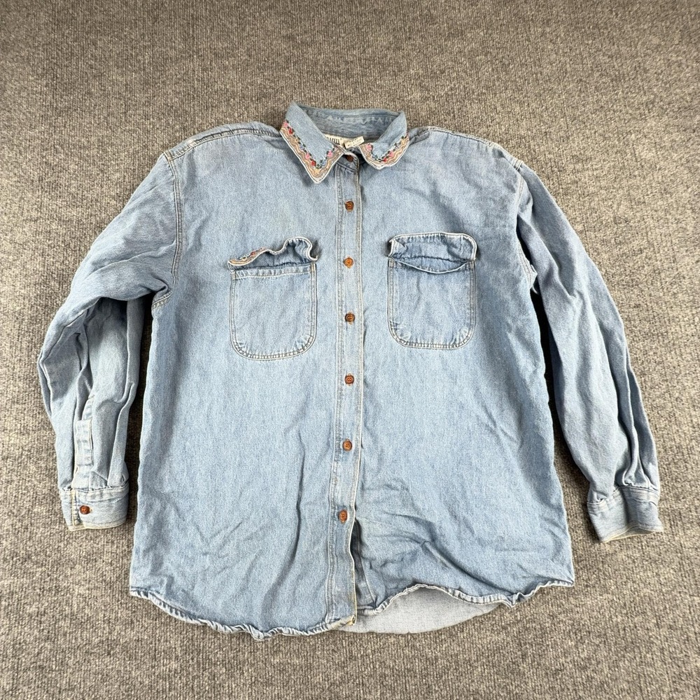 Capacity Shirt Womens Large Blue Denim Embroidered Collar Button Front Top